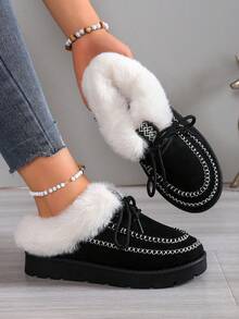 2025 新款系带雪地靴，厚实保暖内衬，适合室内/室外穿着，女士时尚舒适包头/绗缝一脚蹬拖鞋，厚底