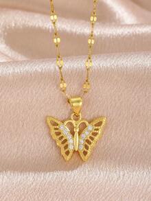 1 pieza Colgante de mariposa elfa con forma de corazón de circonita cúbica exquisita y retro de lujo, cadena de acero inoxidable dorado para clavícula para mujer para uso diario, para amigos, novia, familia, hija, regalo de San Valentín, cumpleaños - Dorado - Ver 10
