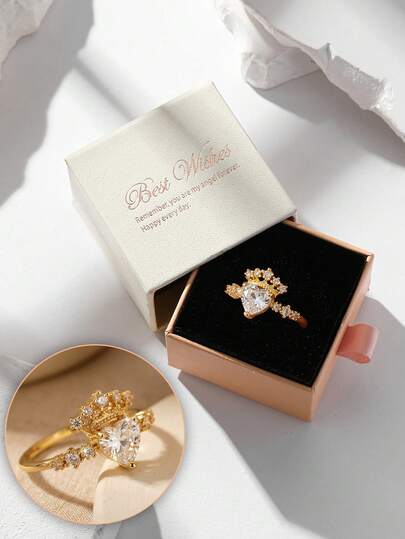 Gift Box Set Elegant Cubic Zirconia Crown & Heart Shaped Ring, Fashion Jewelry For Women Party & Formal Occasions, Copper Material Non-Fading & Hypoallergenic, Ideal Holiday Gift