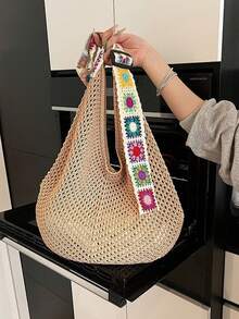 New Knitted Handbag, Fashionable Campus Shoulder Bag, Large Capacity Tote Bag For Vacation And Beach