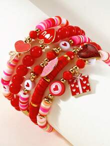 5件套时尚个性高品质红色心形串珠手链套装，适合作为情人节、感恩节、圣诞节和日常佩戴的礼物送给女性。 - 彩色 - 查看 2