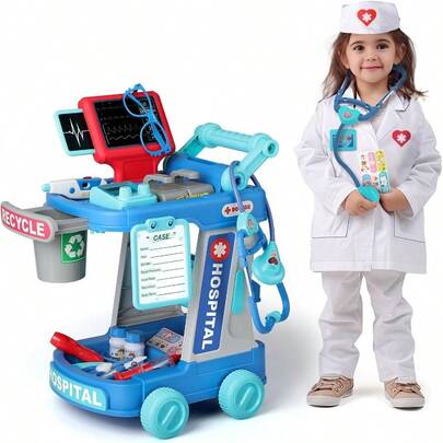 Liberry - Kit médico para s de 3 a 4 a 5 años juego de médico para s pequeños con carrito disfraz y estetoscopio juguete médico de juego de rol para niñas y s verde