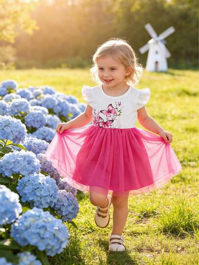 Baby Girls' Sweet Butterfly Ditsy Floral Dress, Summer Cap Sleeve Mesh Patchwork Princess Dress, Spring/Summer