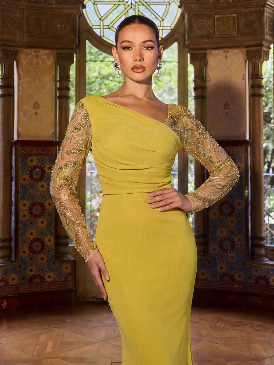 Faeriesty Vestido de noche elegante con hombro asimétrico para mujer - Con mangas con cuentas, inserciones de malla con lentejuelas y un ceñido Body con textura fruncida, este sofisticado vestido formal de hombro asimétrico es una opción ideal para cenas de gala, celebraciones de Año Nuevo, fiestas VIP exclusivas, ceremonias de premios formales y estrenos de alfombra roja.