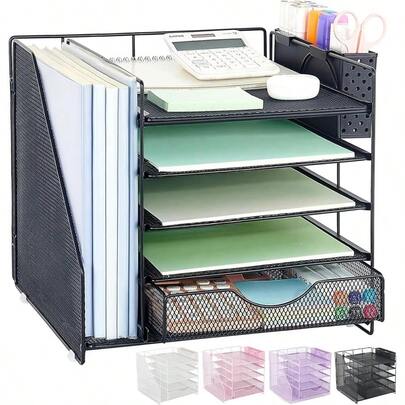 Desk Organizer With Drawer And Pen Holder, 5-Tier Paper Letter Tray Organizer With File Holder, Suitable For Workspace Organizer Office Supplies Storage (Black)