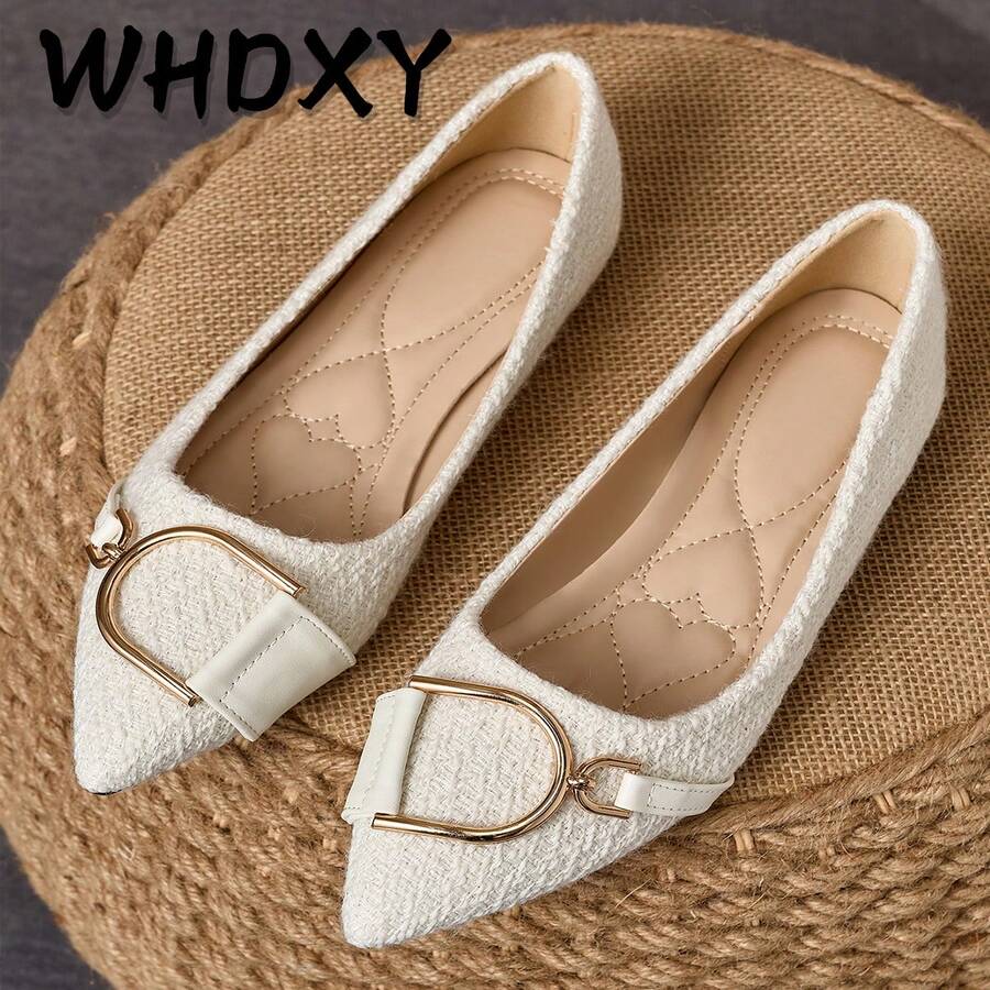 WHDXY 女士白色金属扣尖头鞋,通勤和日常穿着舒适 - 糯米白色 - 查看 1