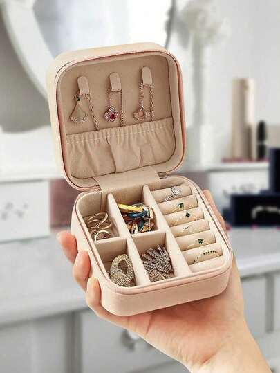 1 szt. Wysokiej jakości pudełko na biżuterię z PU, wygodne pudełko podróżne na biżuterię, pudełko do przechowywania kosmetyków, różowe akcesorium podróżne, pojemnik do przechowywania biżuterii, niezbędny element podróży, nadaje się do przechowywania kolczyków, naszyjników, pierścionków, prezent świąteczny, prezent dla niej, prezent na Walentynki