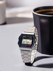 Casio 男女通用时尚电子手表 A168WA-1、A159W-N1 复古不锈钢表带方形表盘腕表，具备日历、闹钟和秒表功能，防水，适合日常佩戴 - A158WA-1 - 查看 4