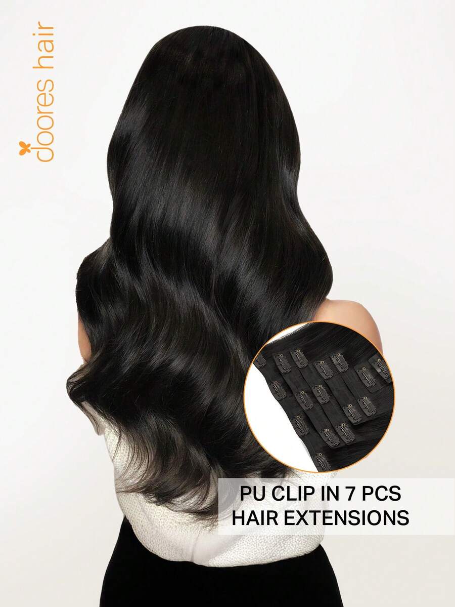 DOORES 无痕夹式接发，真人发，130克-160克，7片装，自然黑色直发，天然Remy PU材质，隐形夹式接发，适合女性和女孩日常佩戴，易于造型，展现真人发魅力，优雅休闲，适合度假、角色扮演、校园、运动、旅行、节日、舞会、生日派对等场合。