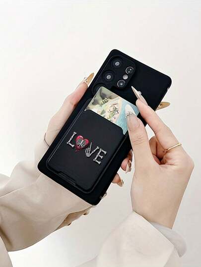 1pc Black TPU Minimalist Solid Color 2-In-1 Card Holder Case With Love Letter Pattern, Anti-Drop, Anti-Slip, Full Coverage Phone Case Compatible With Apple/Galaxy/