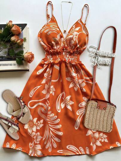 Vestido de tirantes con cuello en V, cintura elástica, estampado floral diminuto naranja y blanco, estilo de línea A, para vacaciones, primavera/verano