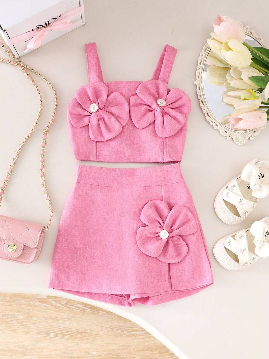 2pcs Baby Girls Charming Sweet Pink Camisole Top + Shorts Set, Spring/Summer - Pink - View 1