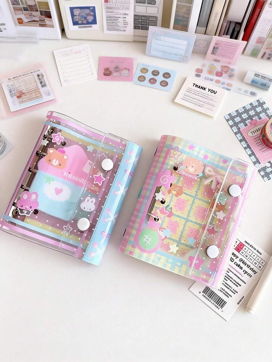 Cartoon Bear Transparent M5 Binder Set, Portable Binder Set, DIY Binder Set, Includes Stamps, Cute Stickers, Sticker Book Replacement Pages, Diary, Sticker Book, Notebook, Stamp Book, Scrapbook, Book, Stamp Book, Manual, Replaceable Transparent Inner Pages, K-Pop Photo Album, Made Of High Transparency PP Material