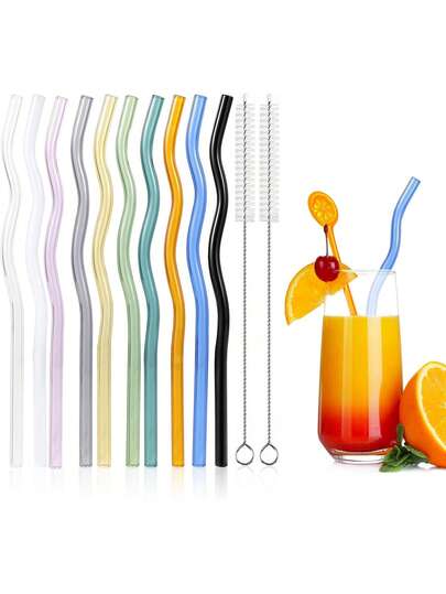 12 Pcs Reusable Wavy Colorful Glass Straws,20cm X8 Mm Shatter Resistant Cute Drinking Straws With 1 Clean Brush For Beverages,Coffee,Juice,Cocktail,Teas