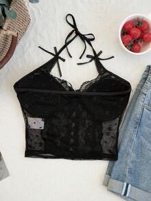 女士无肩带蝴蝶结蕾丝吊带背心，夏季性感无袖露脐背心，带胸垫