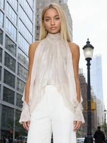 Women Halter Tank Tops High Neck Smocked Long Sleeve Ruched Sequined Blouse Shirt For Party Holiday - Rượu sâm banh - Xem 3