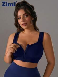 Zimi Collection 1pc Plus Size Women Seamless Wireless Zip-Front Sports Bra, Comfortable Racerback Design For Outdoor Cycling, Running, Yoga - Navy Blue - View 7