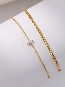 2件套女士脚链套装，波西米亚风夏季海滩度假叠戴款，铜镶嵌锆石四叶草吊坠，镀金空心链，双层链脚链套装，多层脚链配饰礼品 - 金黃色 - 查看 3