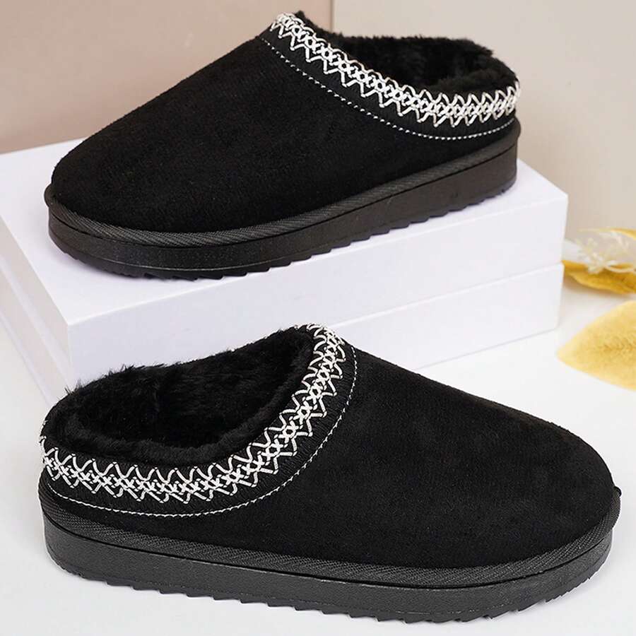 Womens Slippers Fall Winter Cotton Fuzzy Slippers Platform Slippers Mini Boots Braid Slippers Plush Fleece Lining Fuzzy Slippers Shoes Slippers Bedroom Slippers Indoor House - 黑色 - 查看 1