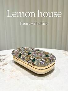 1个华丽多彩水钻装饰手拿包，奢华闪亮珠宝晚宴包，优雅盒形钱包，适合婚礼、派对、鸡尾酒会、嘉年华等正式场合 - 金色 - 查看 8