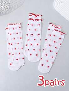 3双装女童水晶丝绸中筒袜，心形图案无缝袜，心形元素，轻薄透气，适合春夏穿着 - 彩色 - 查看 10
