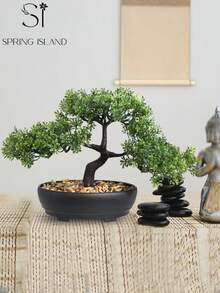 1棵人造盆栽树，黑色花盆，高7.9英寸（20厘米），绿色仿真植物，适合家居和办公室装饰 | 非常适合摆放在书架、书桌、浴室 | 农舍风格节日装饰、情人节装饰、春夏装饰、家居装饰 - 綠色-B - 查看 9