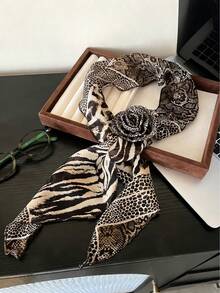 豹纹真丝围巾，时尚优雅女士缎面印花头巾、领巾、发带、时尚女士头巾、披肩、围巾、女士领带