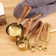 8pcs Measuring Cup & Spoon Set | Wooden Handle Design, Metric & Imperial Units, Polished Silver Surface, Suitable For Cooking And Baking - Silver - View 3