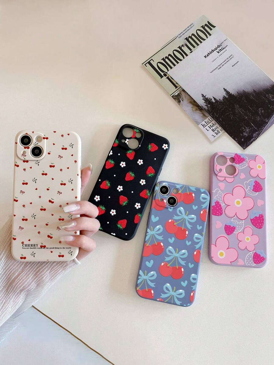 4件装樱桃草莓水果花卉彩绘糖果色极简防摔手机壳，兼容 17/17Pro/17ProMax/16XR/7/8/16ProMax/15ProMax/12ProMax/13ProMax/14ProMax/13/14/11/12P/14/P11/P12/S25/A13 4G/A22/A21S/A51 4G/A52/S22 Ultra/A33 5G/A34/A35，兼容红米手机，国际版，非国内版 - 彩色 - 查看 1