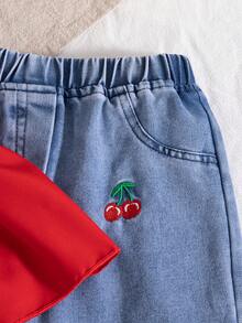 Spring/Summer Baby Girls Cute Red Ribbon Bow Ruffle Trim Camisole & Cherry Embroidery High Waist Loose Denim Pants Set - Red - View 4