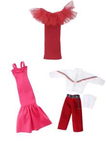 3 pièces Ensemble de vêtements et accessoires de mode pour poupée, convient aux poupées de fille de 11,5 pouces, comprend 2 tenues de poupée, une robe longue rouge élégante, un ensemble jupe et Top, jouet d'habillage de poupée, cadeau d'anniversaire, de Ramadan, de Pâques, de Noël (poupée non incluse) - Rouge - Voir 5