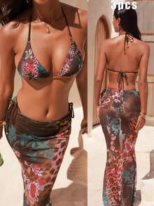 Bộ bikini 3 món họa tiết động vật và hoa cổ điển, bao gồm áo bikini, quần bikini và váy voan phủ ngoài, thích hợp cho bãi biển, tiệc tùng, đám cưới, lễ tốt nghiệp, dạ hội, thanh lịch, sang trọng. - Nhiều màu - Xem 3