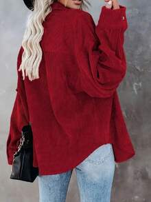 Women's Corduroy Button-Up Long Sleeve Pocket Casual Jacket - Burgundy - View 2