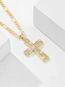 1pc European & American Classic Copper Inlaid Zirconia Lucky Cross Pendant Necklace, Limited Edition "Light Of Protection", Suitable For Christmas/Thanksgiving/Halloween/Mother's Day/Valentine's Day Gifts For Couples/Friends/Godparents, Catholic First Communion, Gifts, Daily & Holiday Wear For Prayer - Yellow Gold - View 5