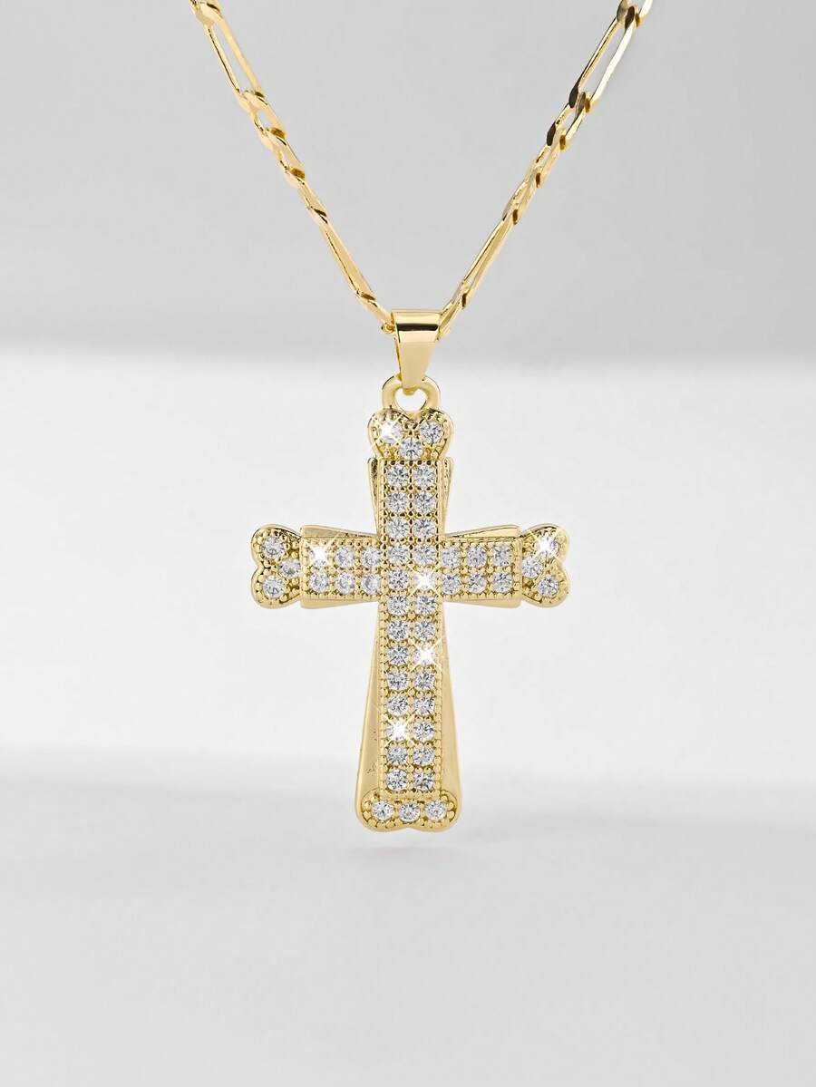 1pc European & American Classic Copper Inlaid Zirconia Lucky Cross Pendant Necklace, Limited Edition "Light Of Protection", Suitable For Christmas/Thanksgiving/Halloween/Mother's Day/Valentine's Day Gifts For Couples/Friends/Godparents, Catholic First Communion, Gifts, Daily & Holiday Wear For Prayer - Yellow Gold - View 1