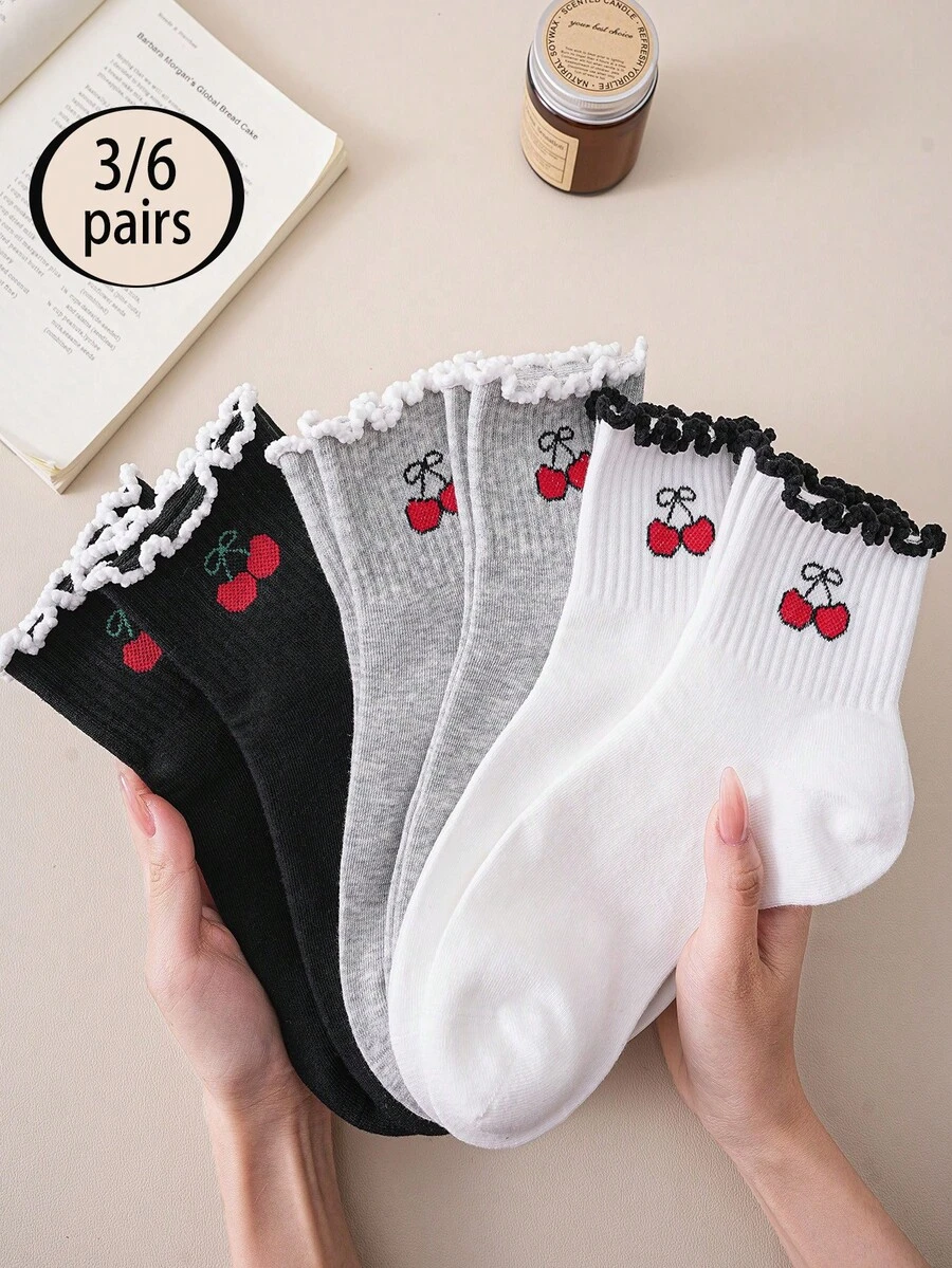 3/6 đôi tất nữ mới, màu đen trắng xám, viền bèo, màu anh đào, tất cổ ngắn đơn giản cho hoạt động ngoài trời, thể thao, dành cho học sinh, mùa tựu trường. - Nhiều màu - Xem 1