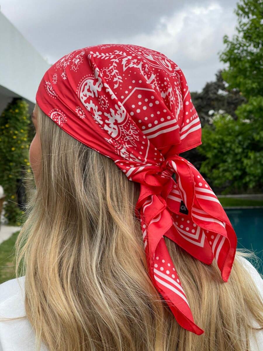 1PC Women's Casual Paisley Print Scarf/Bandana, Bohemian Silk Warp/Headscarf, Suitable For Beach, Street, Daily Wear, Vacation Party, And Hairstyle Decoration - Red - View 1