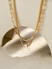 Tkool 2件套脚链套装，长方形底座镶嵌立方氧化锆链条，适合旅行和日常佩戴 - 金黃色 - 查看 1