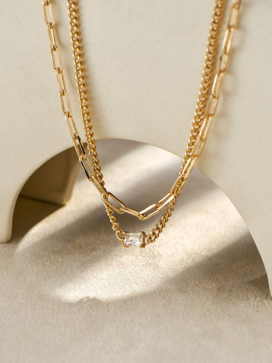 Tkool 2件套脚链套装，长方形底座镶嵌立方氧化锆链条，适合旅行和日常佩戴 - 金黃色 - 查看 1