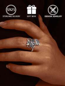 1pc 925 Sterling Silver Hollow Butterfly Pattern Double Layer Open Ring (Butterfly Duet Design), Gift Box, Suitable For Daily Wear And Valentine's Day Gift - Antique Silver - View 8