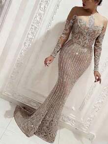 Women's Beige Sequin & Lace Mermaid Gown - Full-Length Evening Dress With All-Over Crystal Embroidery, Illusion Neckline & Sleeves For Black Tie Galas - Màu be - Xem 1