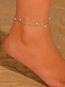 1 pieza Tobillera de mujer de doble capa, estilo de playa de acero inoxidable con diseño cuadrado multicapa, regalo de joyería de moda (sin caja de regalo) - Amarillo Oro - Ver 2