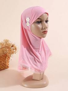 1pc Children/Girls Lace Floral Hijab Headscarf, Middle Eastern/Muslim, Cute & Elegant, Breathable & Adjustable, Suitable For All Seasons, Gift - Multicolor - View 8