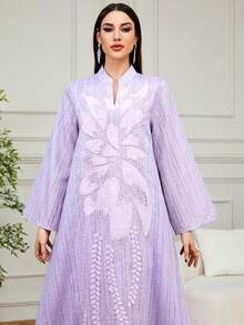 Women's Elegant V-Neck Long Sleeve Robe With Beaded Embroidery, Suitable For Ramadan, Parties, Dates And Daily Wear - Purple - View 3