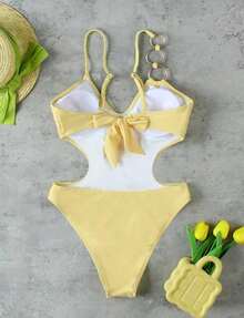 大码女式夏季新款纯色黄色针织斜领连体泳衣，波西米亚休闲腰侧镂空连体泳衣，海滩度假风，情人节