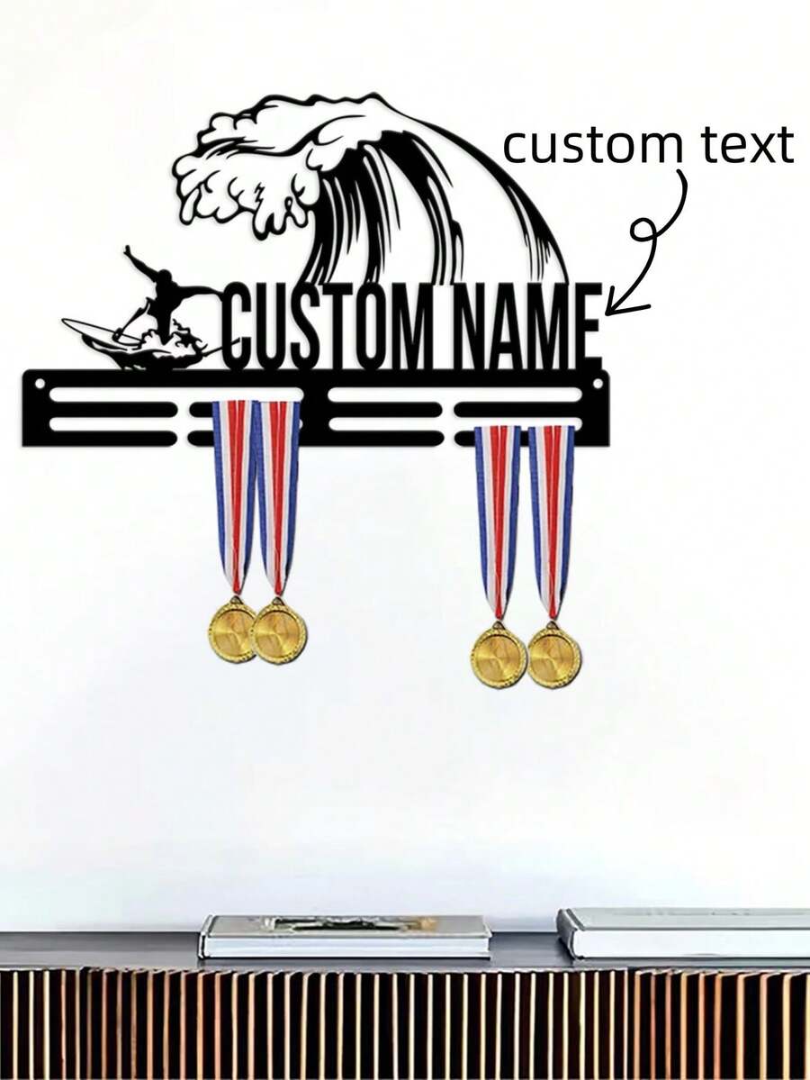 A Custom Ironwork Medal Display For Surfing Sports : Personalized Black Steel Medal Holder,Let Each Medal Shine With A Unique Charm, Perfect As A Gift For Friends And Family.