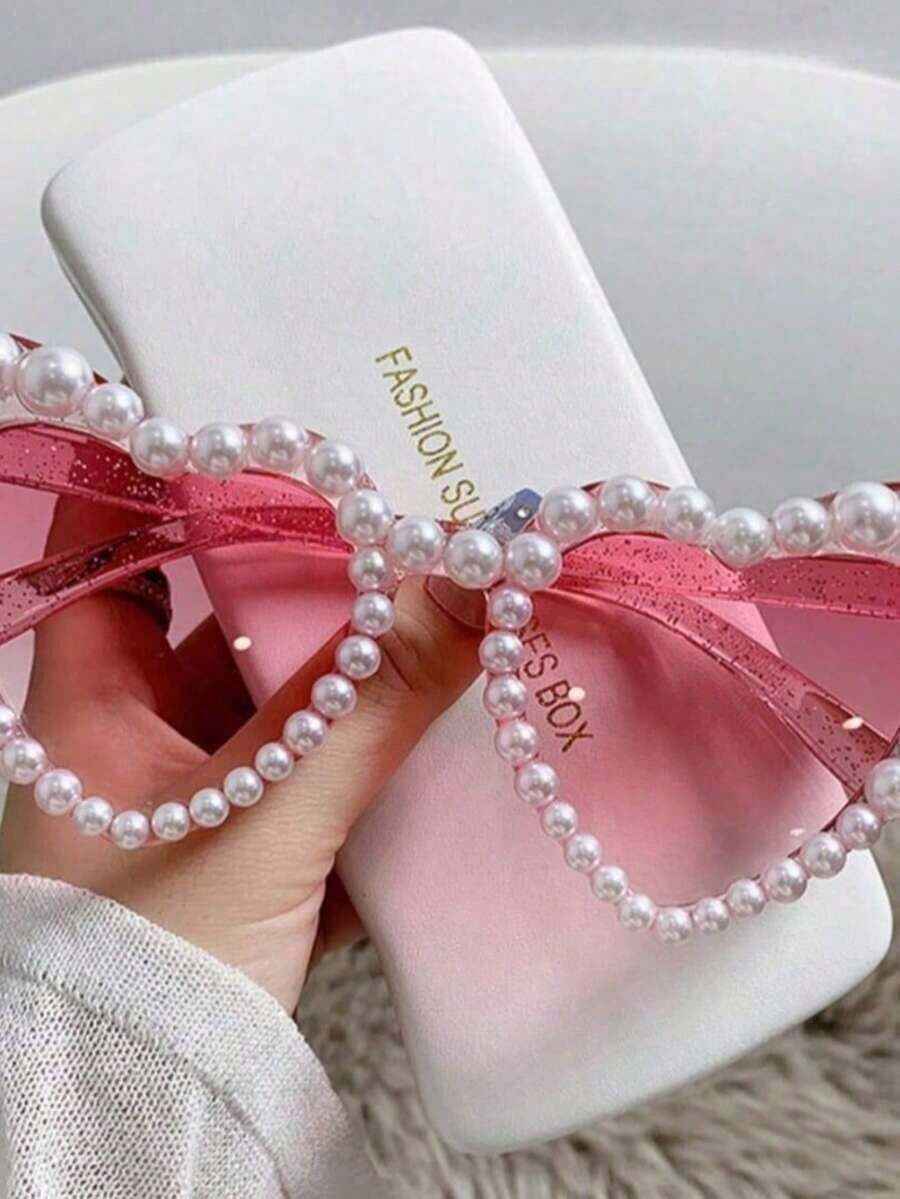 1PC Of Bridal Fashion Retro Heart-Shaped Faux Pearl Frames Ladies Cat Eye Glasses Fashion Beach Party Decorative Glasses - 白色 - 查看 1