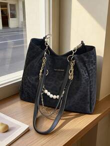 Bolso de mano a rayas de moda para mujer, bolso de hombro de gran capacidad, bolso con cremallera y cadena de metal para uso diario - Negro - Ver 7