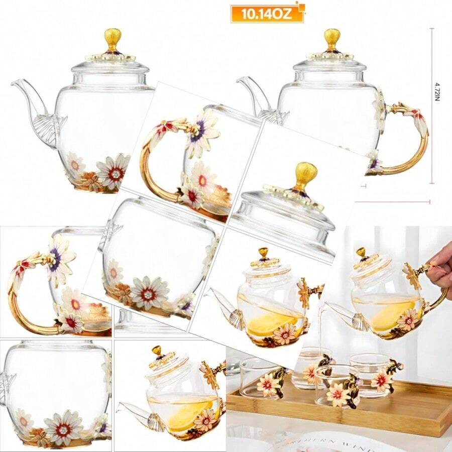 Tetera de vidrio - 300 ml 10 oz con decoración de flores, tetera de vidrio resistente al calor con borde dorado con hoja y patrón floral retro, juego de té (rosa) - Rosa - Ver 1