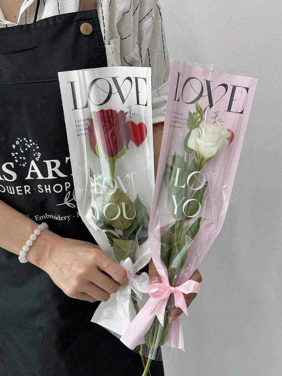 20个透明鲜花礼品袋，DIY玫瑰花束，人造玫瑰，单支玫瑰包装袋，适用于情人节、婚礼、情人节礼物袋、自制玫瑰包装袋、圣诞节、母亲节、派对装饰、生日、聚会、婚礼、派对回礼和DIY花束配件。（本产品不包含鲜花） - 彩色 - 查看 1